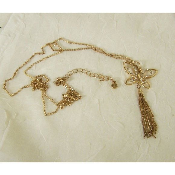 Lauren Conrad Butterfly Tassel Long Gold Tone Rhinestone Necklace 3D Open Work - Picture 4 of 6